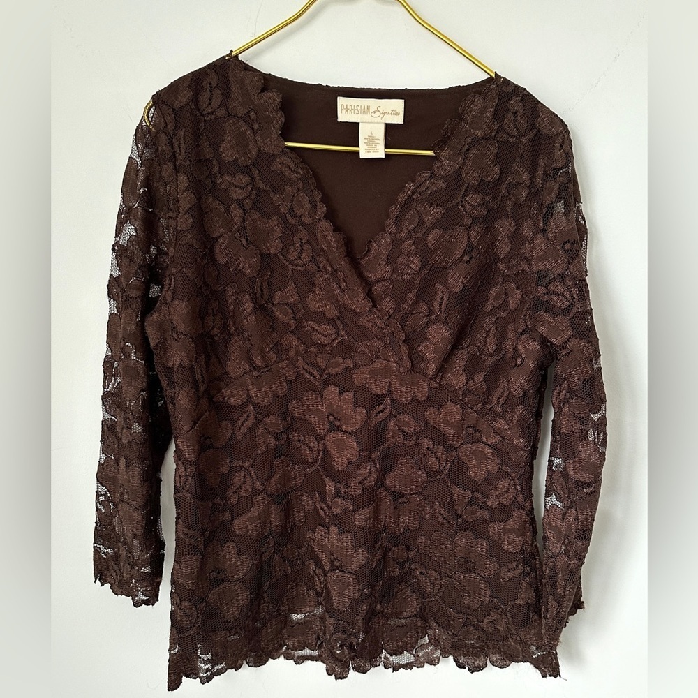 Vintage Parisian Signature 90s Y2K Brown Lace Lined V-Neck Blouse Womenโs Large
